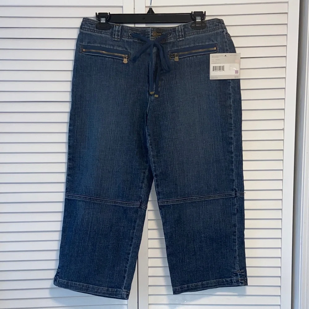 NWT Y2K Straight Leg Denim Capri Size 10P Drawstring Zip/Button Pockets Utility